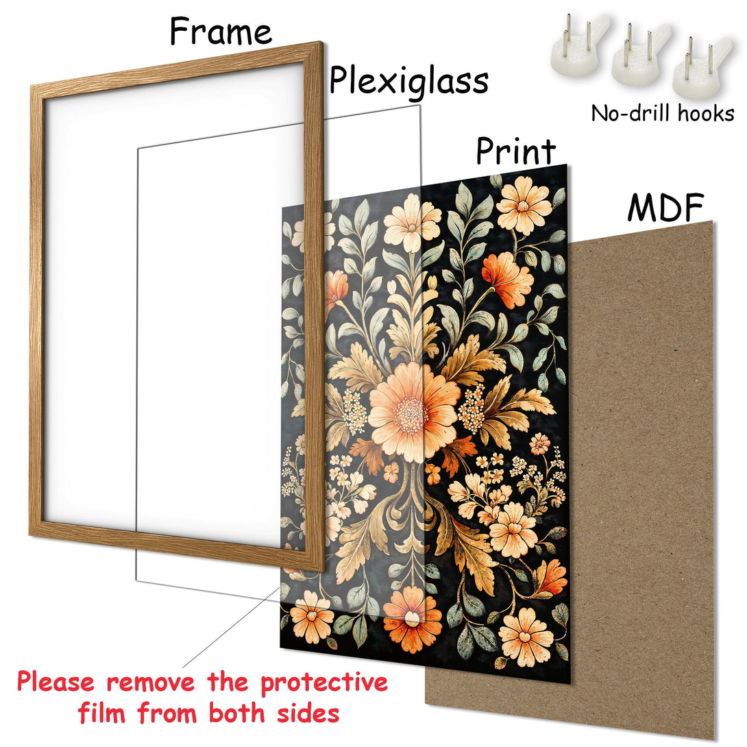 Framed Poster featuring floral art in a vintage style with a black, orange, and gold color palette. Perfect wall decor!