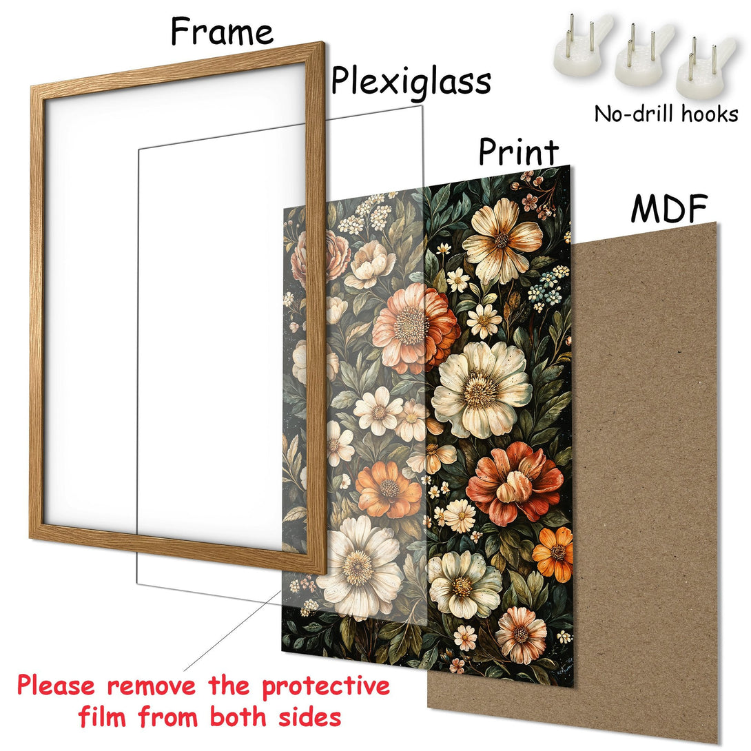 Framed Poster featuring a floral design in a vintage style with a warm, earthy color palette. Perfect wall art!