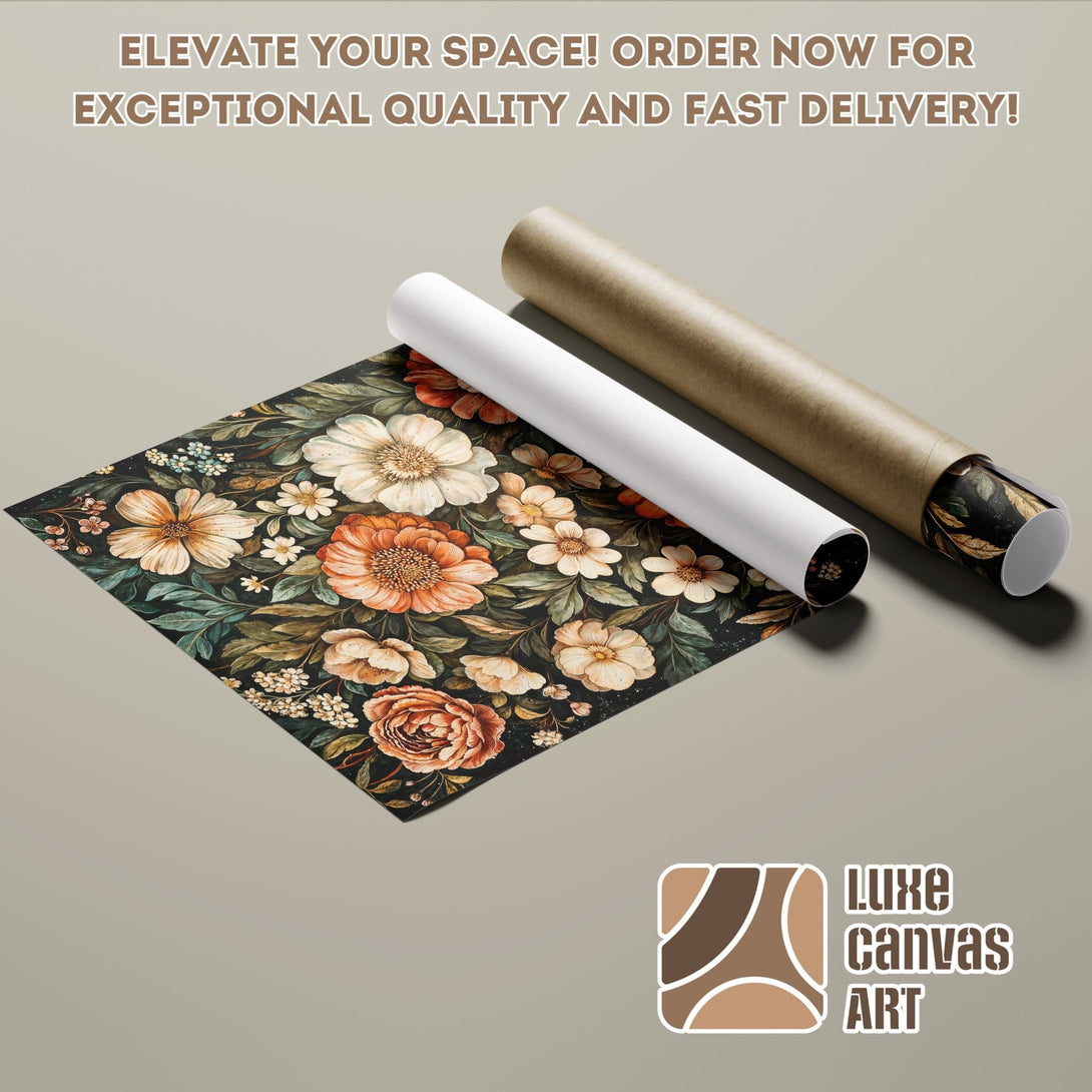 Floral Poster Roll art print in a dark, moody style with a warm color palette. Perfect wall decor!