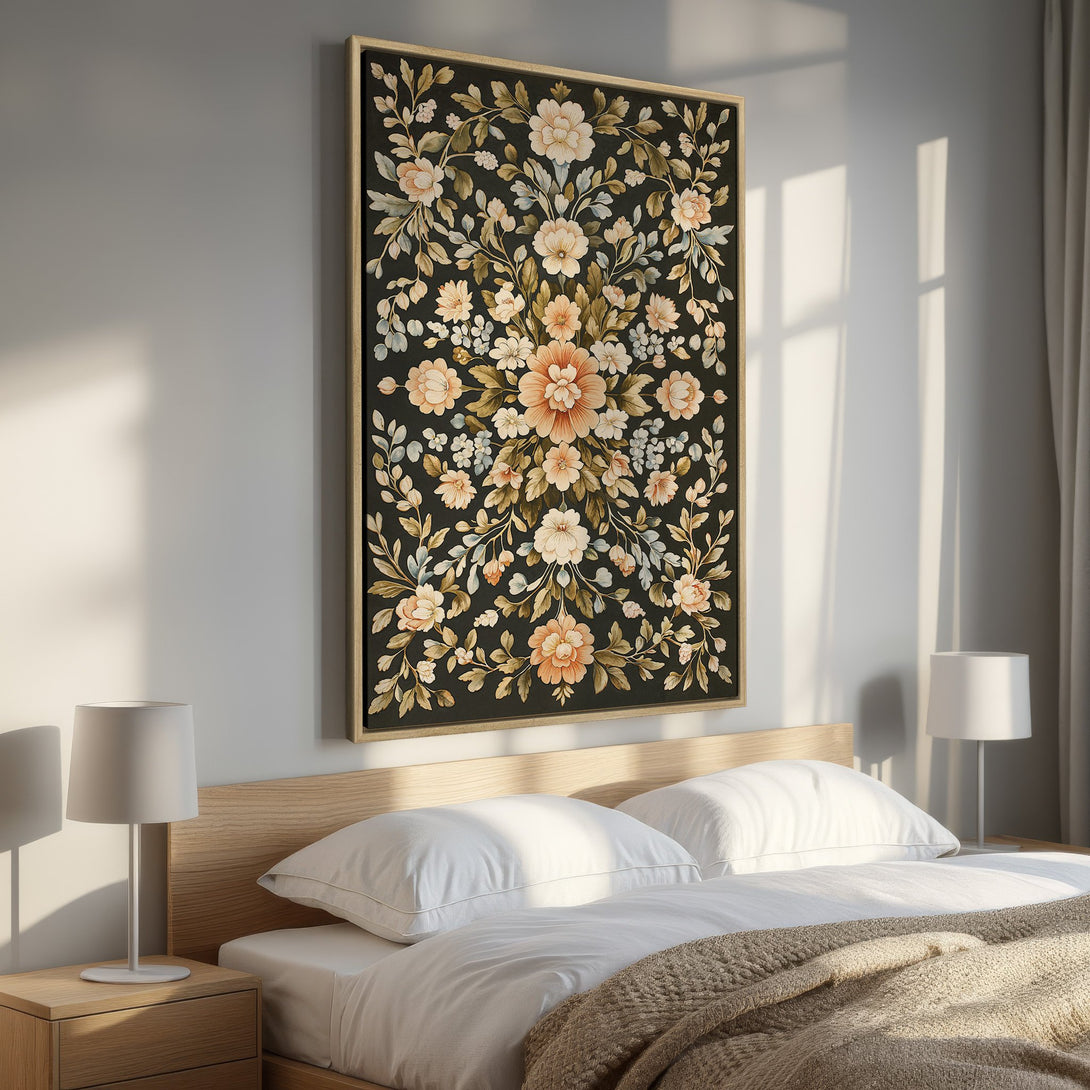 Framed Wall Art featuring a floral design in warm peach and green tones, displayed in a bedroom. Adds a touch of elegance and style.