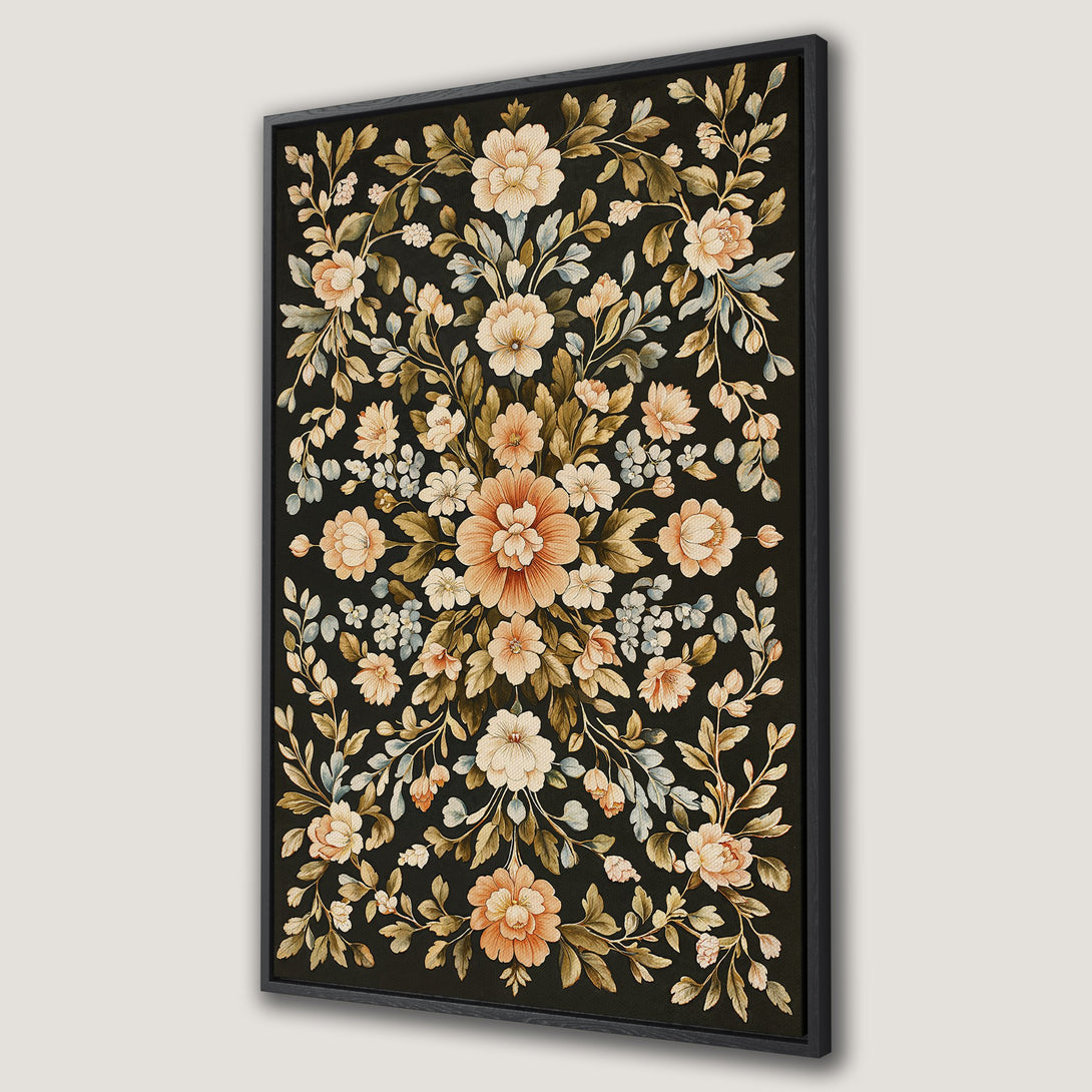 Framed Wall Art featuring a floral design in a vintage style. Earthy tones of peach, cream, and green on a dark background. Perfect for adding elegance to your space.