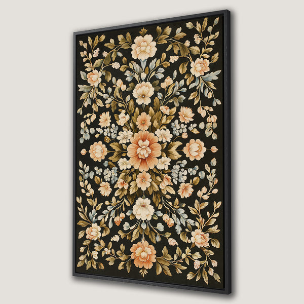Framed Wall Art featuring a floral design in a vintage style. Earthy tones of peach, cream, and green on a dark background. Perfect for adding elegance to your space.