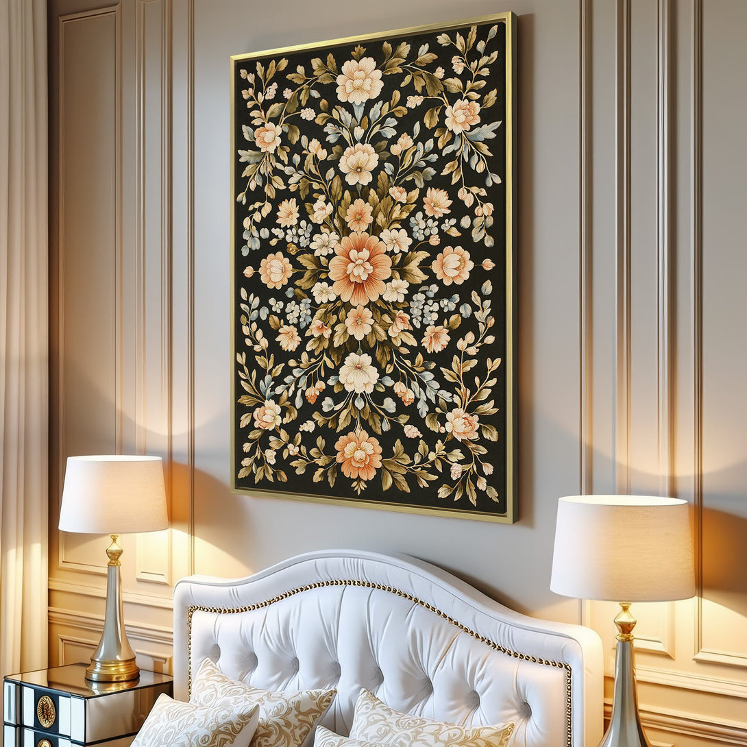 Canvas Print of floral artwork in a living room. Features a dark background, with peach and cream flowers. Modern, elegant wall decor.
