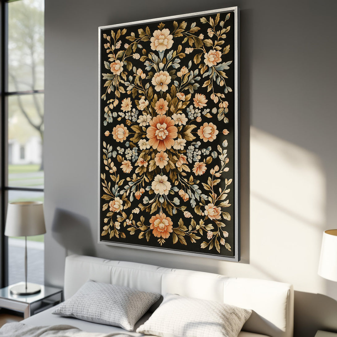 Framed Wall Art: Floral Canvas Print in a bedroom. Features a dark background with peach & cream flowers and green leaves. Adds elegance to any space!