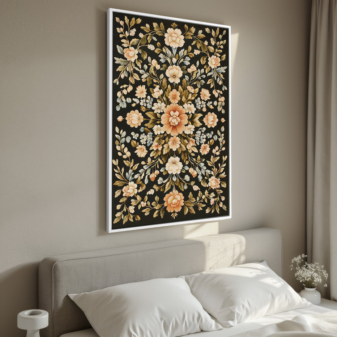 Framed Wall Art featuring a floral design in a dark palette with peach and green accents. Perfect bedroom decor for a touch of elegance.