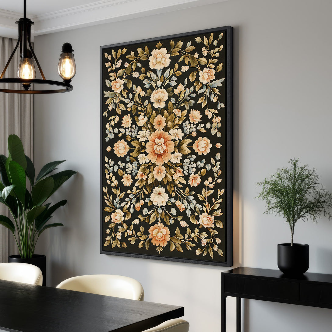 Framed Wall Art featuring a floral design in a vintage style. Warm peach and cream tones pop against a dark background, perfect for adding elegance to any room.