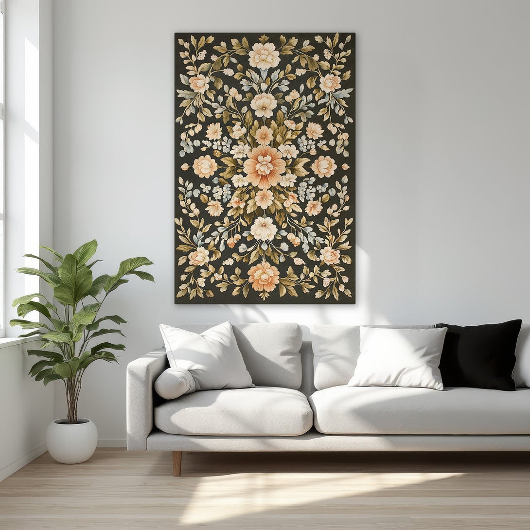 Framed Wall Art featuring a floral design in a classic style, with a black background and a warm peach and green color palette. Perfect for bedroom decor!