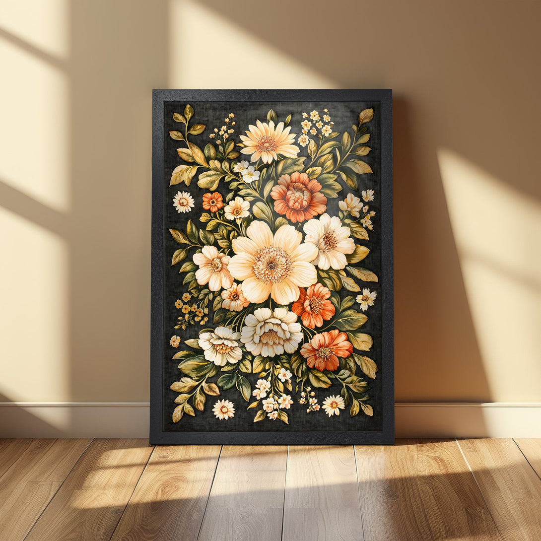 Framed Poster of floral art in warm tones. Features a botanical design with oranges, yellows, and whites. Perfect wall decor.