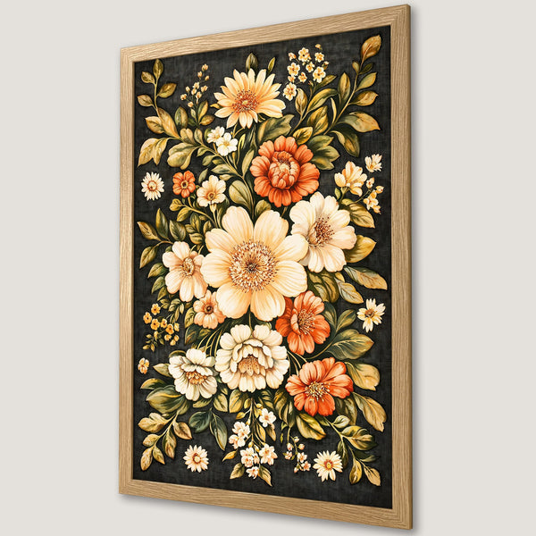 Framed Poster featuring a floral bouquet in a vintage style with a warm, earthy color palette. Perfect wall art!