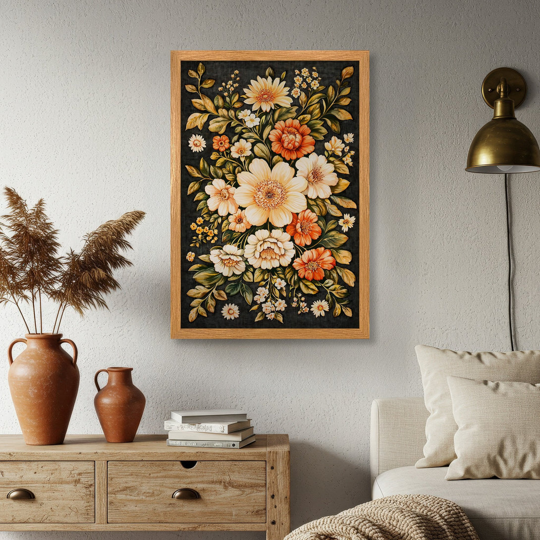 Framed Poster of floral art in vintage style, featuring warm orange, cream, and green tones. Perfect wall decor!