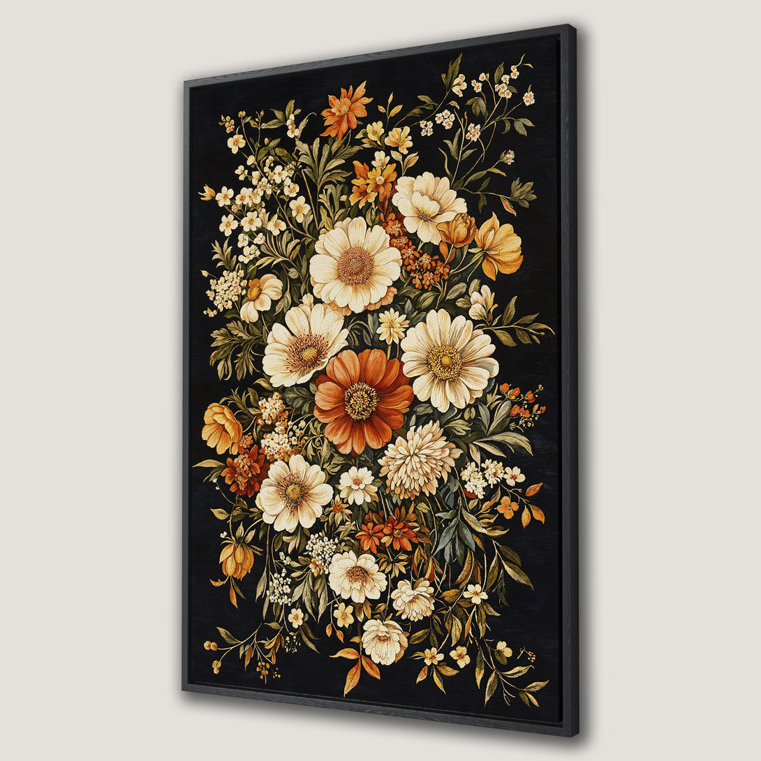Framed Wall Art featuring a beautiful floral bouquet in warm tones against a black background. Perfect for adding a touch of elegance to any space.
