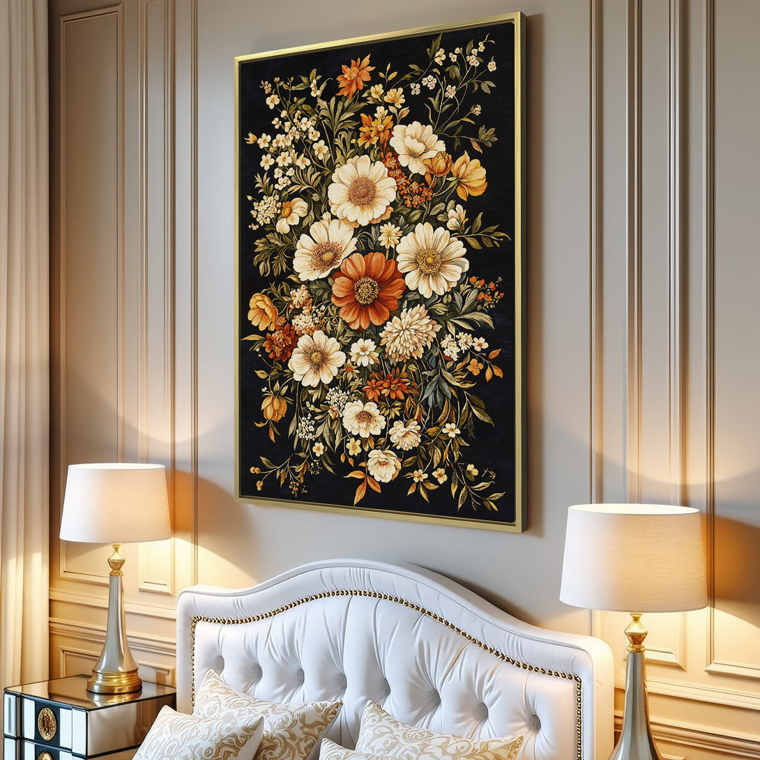Canvas Print of a floral bouquet in warm tones. Vintage style wall art with a dark background and pops of orange, cream, and yellow.