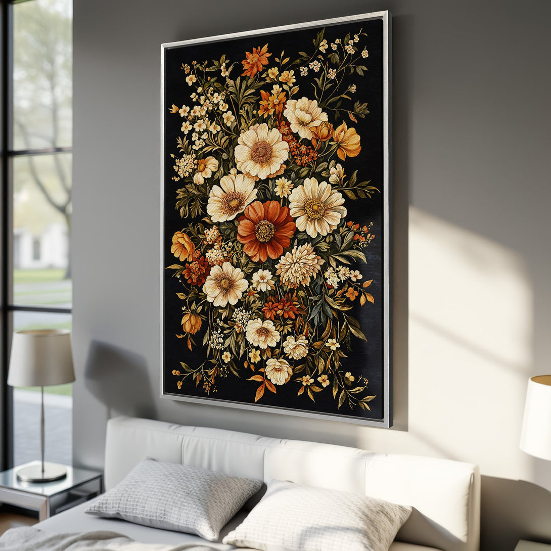 Framed Wall Art featuring a vintage floral bouquet in warm earth tones against a black background. Perfect for adding a touch of elegance to any space.