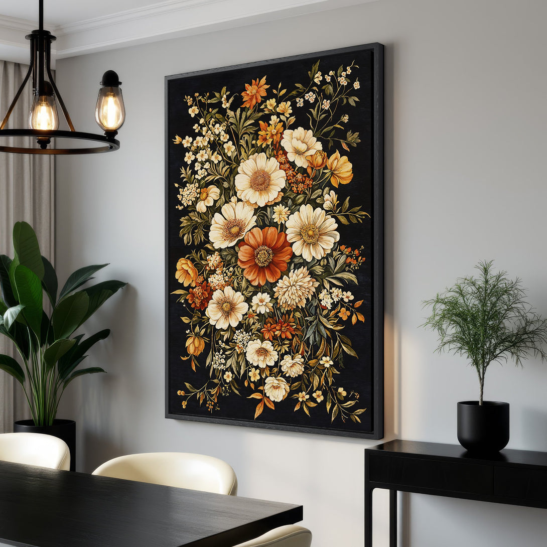 Framed Wall Art: Elegant floral Canvas Print with a dark background and warm, earthy color palette. Perfect for adding a touch of sophistication to any space.