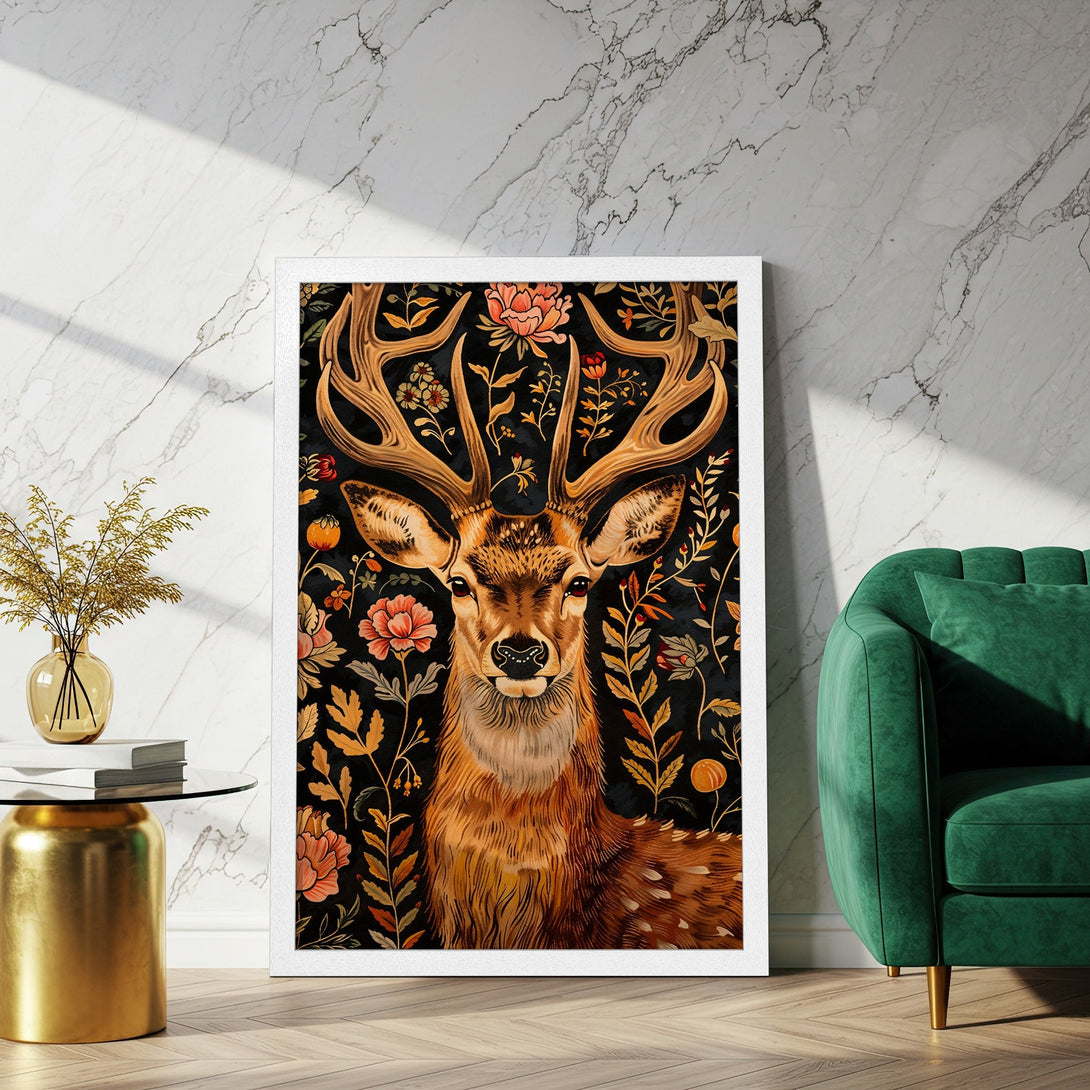 Framed Poster featuring a majestic deer with floral accents. Rustic style with warm earth tones and a dark background. Perfect wall art!