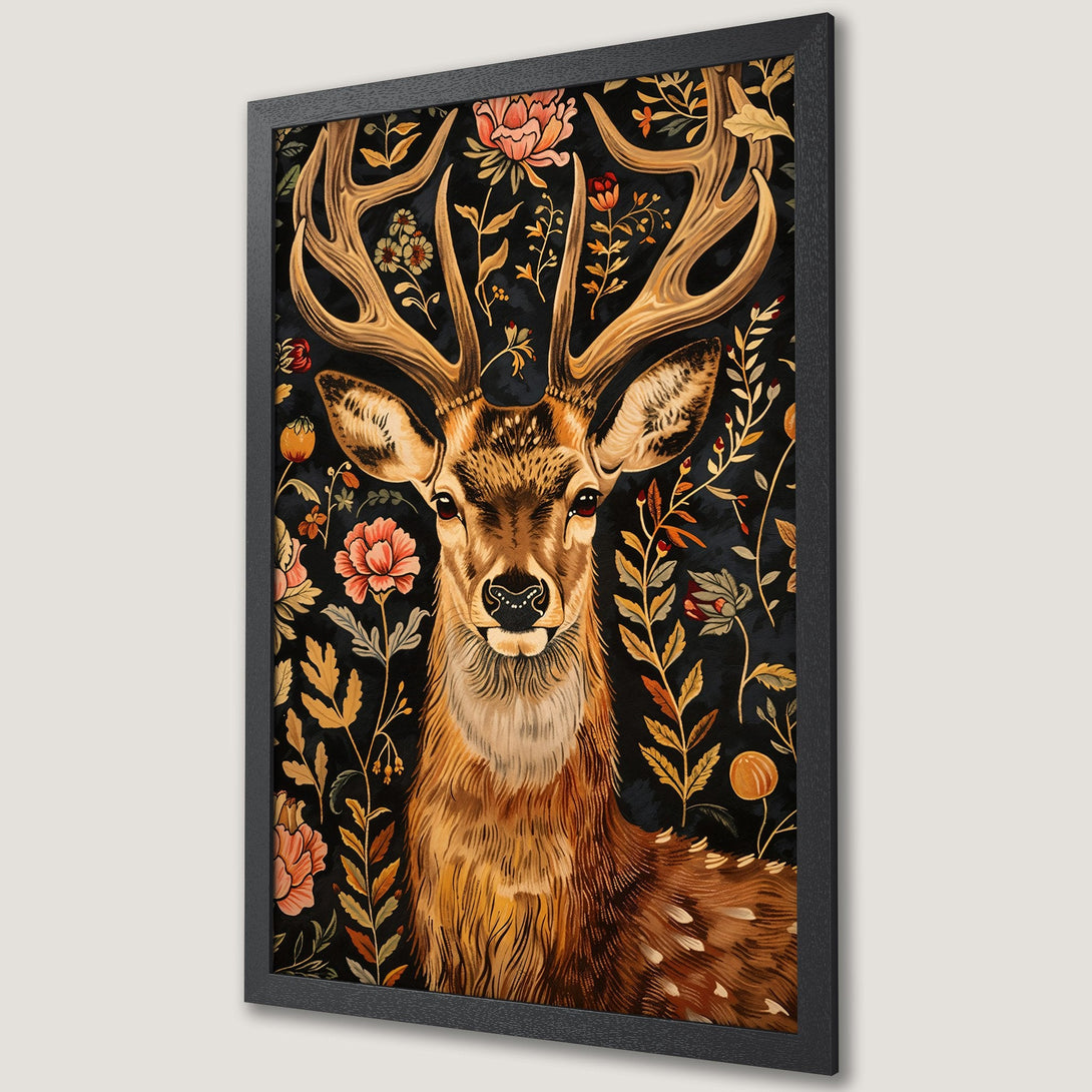 Framed Poster featuring a majestic deer with floral details in a vintage style. Rich black, gold, and peach color palette. Perfect wall art.