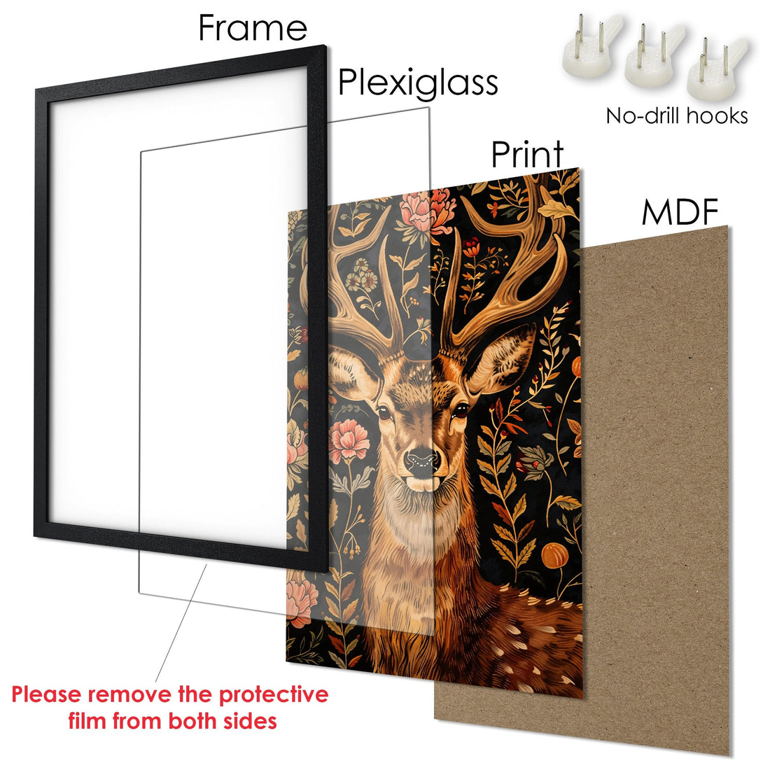 Framed Poster featuring a majestic deer with floral accents, in a warm, earthy color palette. Perfect wall art for your home!