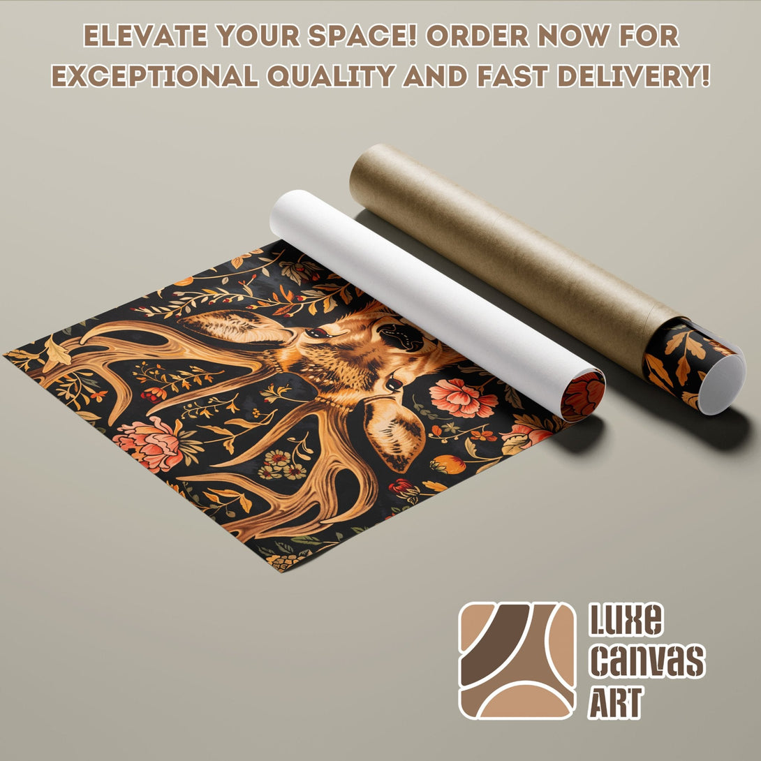 Poster Roll featuring a deer with floral design in a dark, warm color palette. Elevate your space with Luxe Canvas Art!