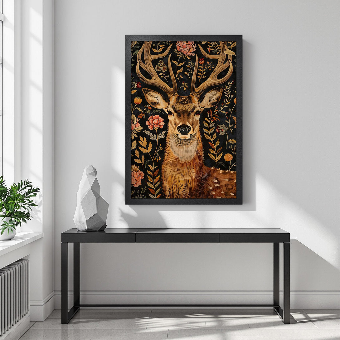 Framed Poster featuring a majestic deer with floral accents. Earthy tones of brown, orange, and black create a warm, inviting aesthetic. Perfect wall art!