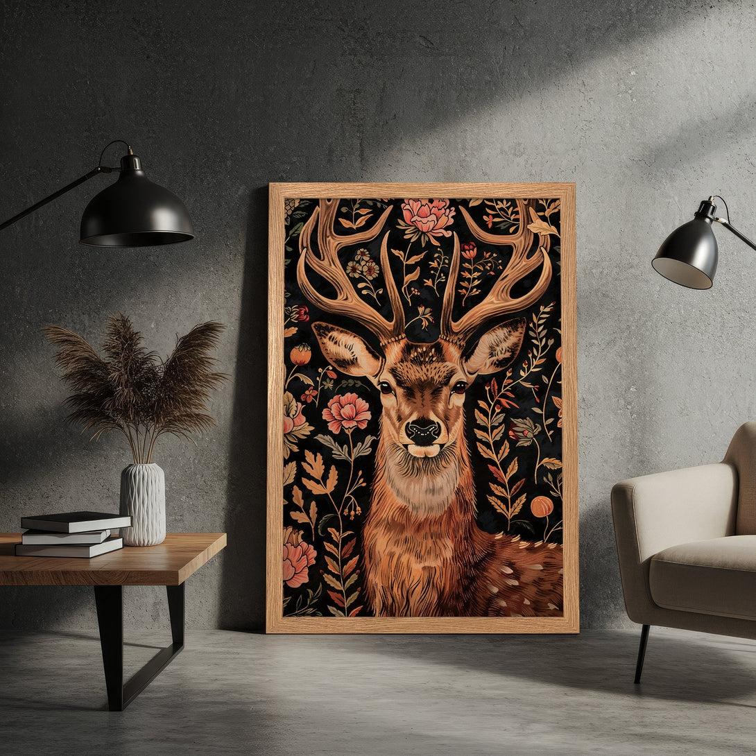 Framed Poster featuring a majestic deer with floral details. Vintage style, warm earthy tones on a dark background. Perfect wall art.