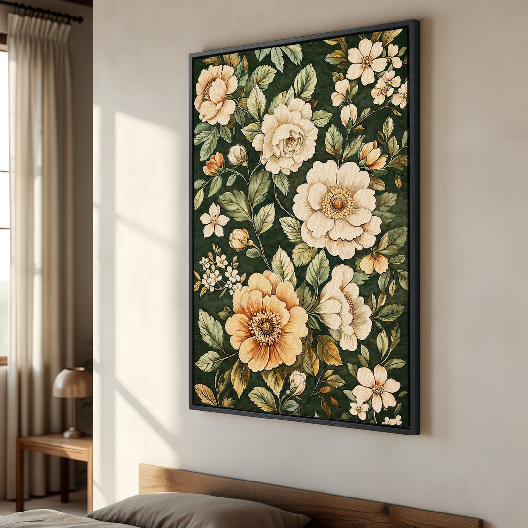 Framed Wall Art: Floral canvas print in a vintage style with a dark green background and cream and yellow flowers. Perfect for bedroom decor.
