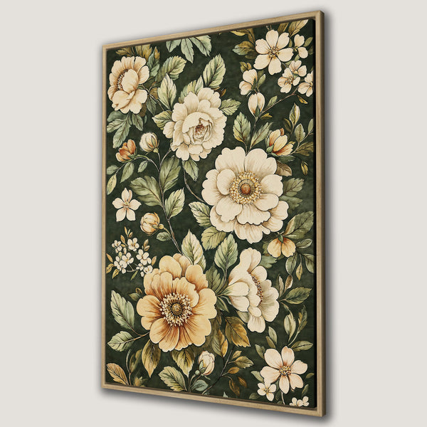 Framed Wall Art featuring a vintage floral pattern in cream, yellow, and green. Adds a touch of elegance to any space. Perfect for home decor.
