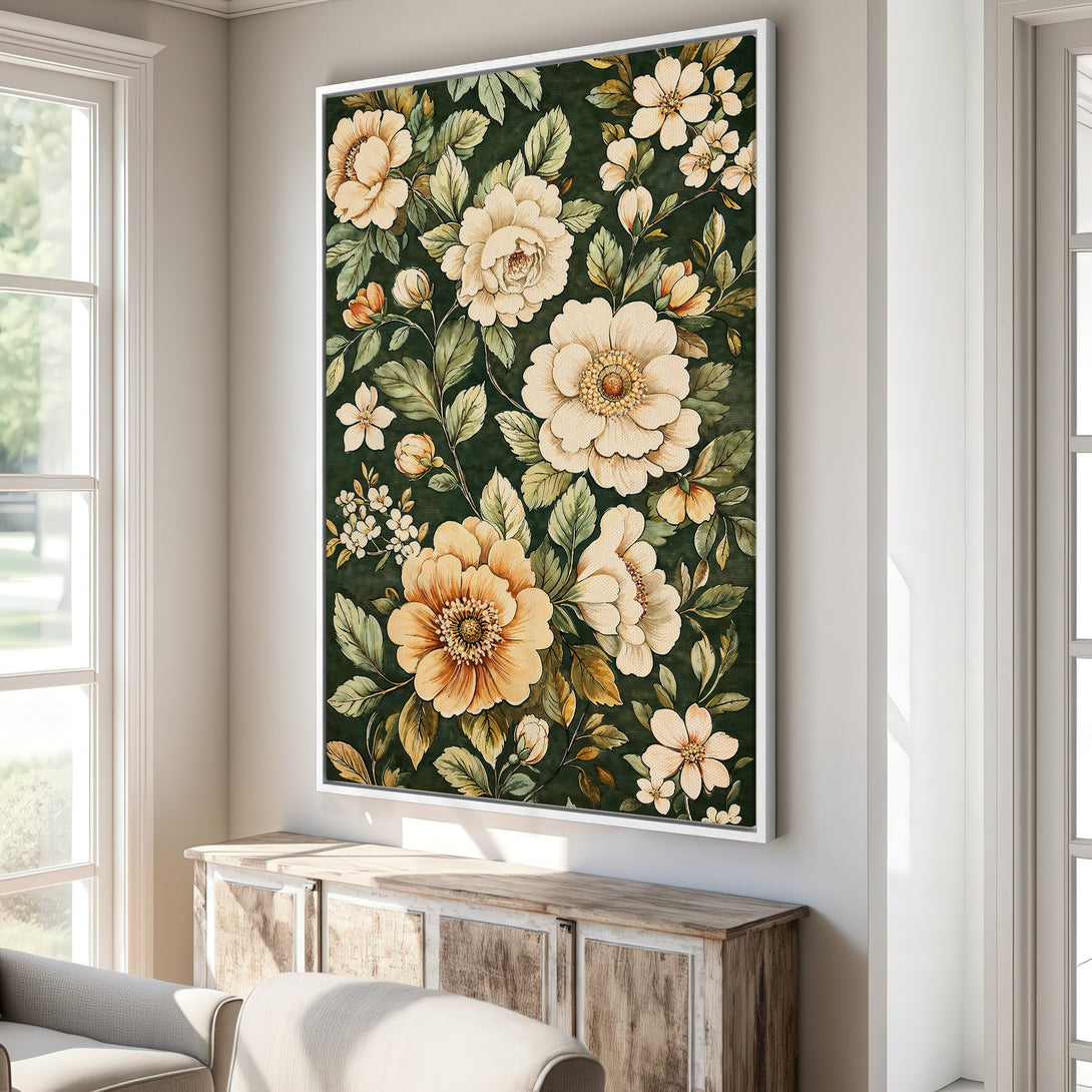 Framed Wall Art: Floral Canvas Print with cream and yellow blooms on a dark green background. Perfect for adding elegance to your home decor.