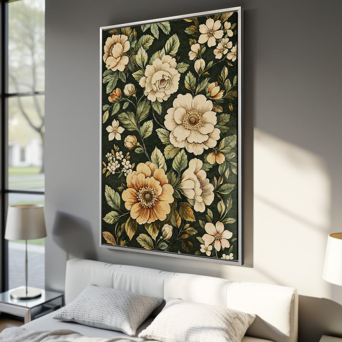 Framed Wall Art featuring a floral watercolor design with cream and gold blooms on a dark green background. Perfect for adding elegance to your home decor.