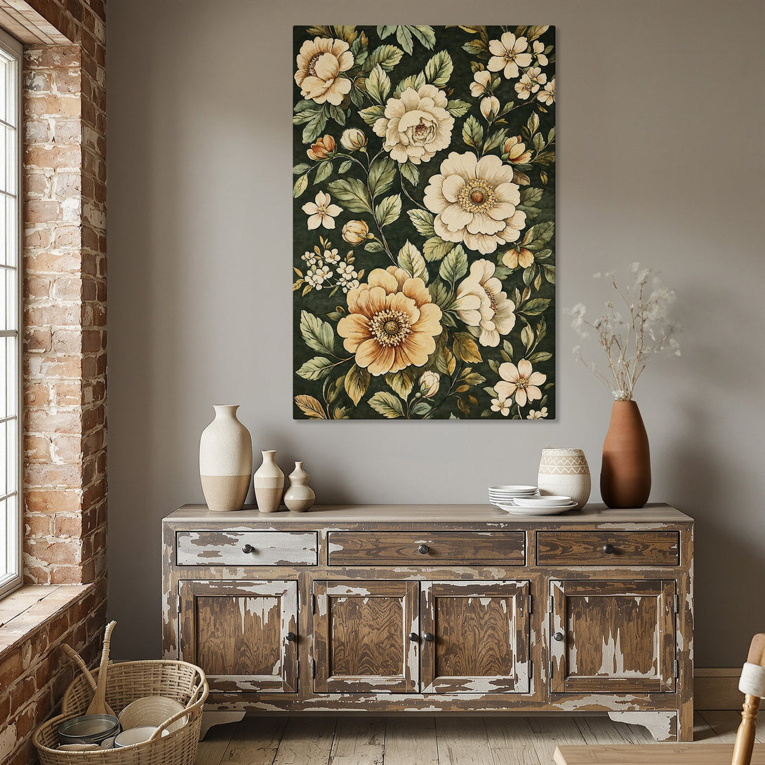 Framed Wall Art featuring floral design with a dark green background, warm beige and yellow flowers, perfect for adding elegance to your dining room.