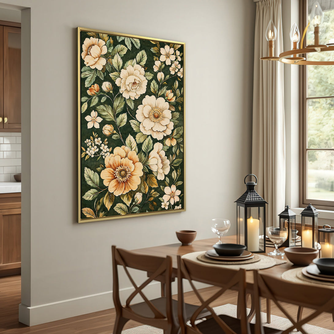 Canvas Print featuring a floral design in a vintage style with a dark green and cream color palette, perfect for home decor.