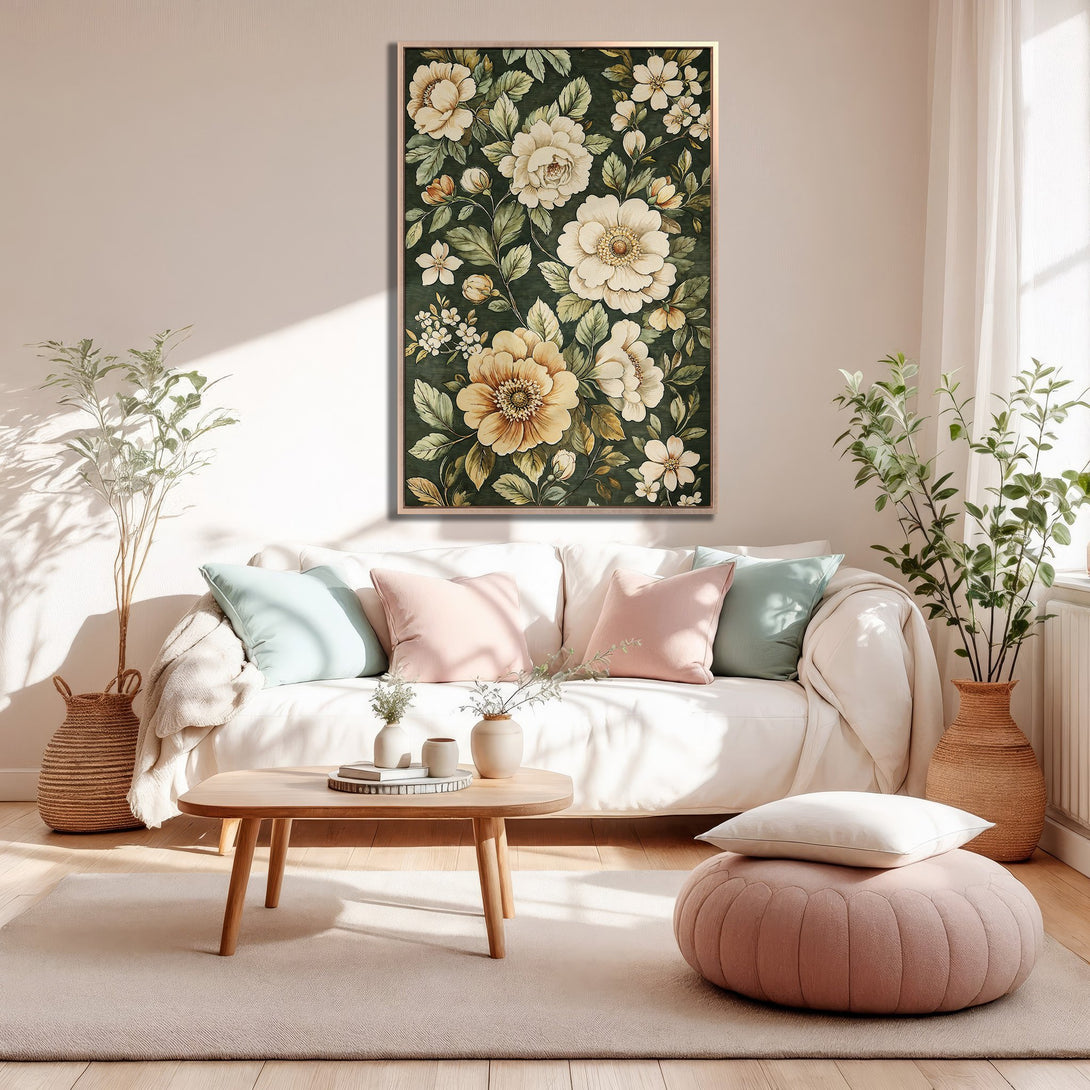 Framed Wall Art featuring a floral design in a vintage style, with a green and cream color palette, displayed in a cozy living room.