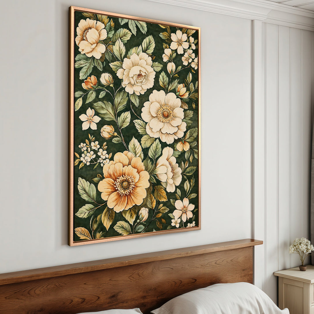 Framed Wall Art featuring a floral design in a watercolor style. Earthy color palette of greens, creams, and golds. Perfect for adding elegance to any room.