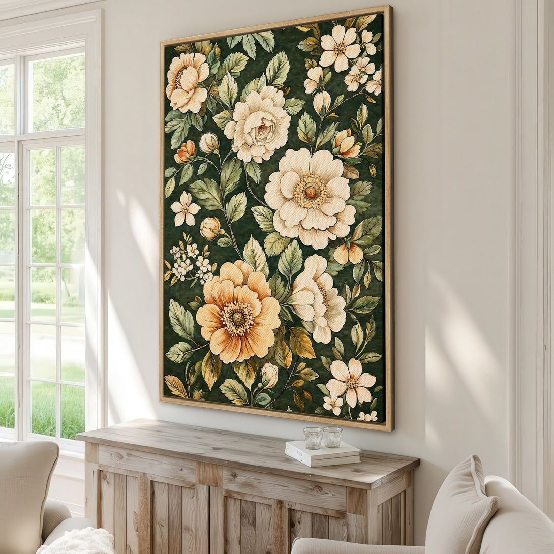 Framed Wall Art featuring floral design in a vintage style. Earthy color palette with cream and orange blooms on a dark green background. Perfect home decor!
