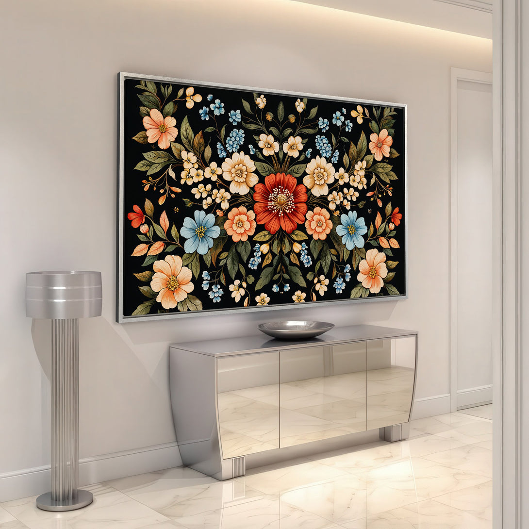 Framed Wall Art: Floral Canvas Print with vibrant blooms in orange, blue, and cream against a black background. Perfect for adding a pop of color to any space.