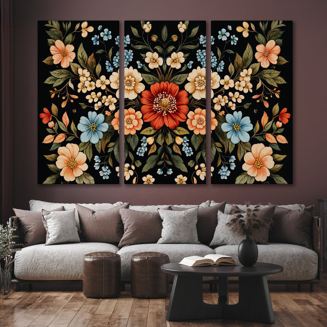 Canvas Print: Floral triptych art in a vintage style, featuring a black background with colorful flowers. Interior decor with warm tones.
