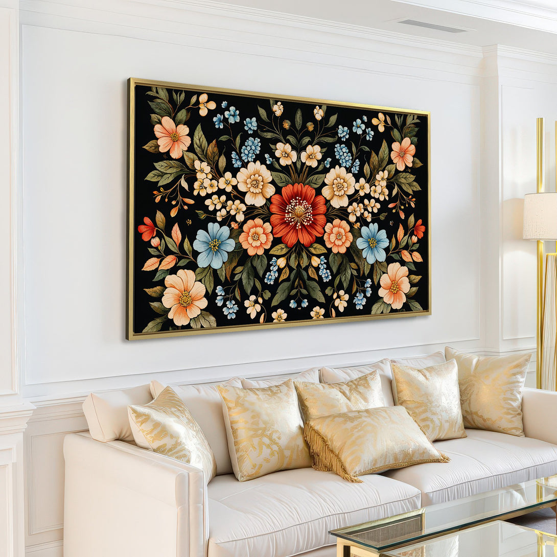 Canvas Print of floral artwork in a black, beige, and blue color palette. Perfect for adding a touch of elegance to any room.