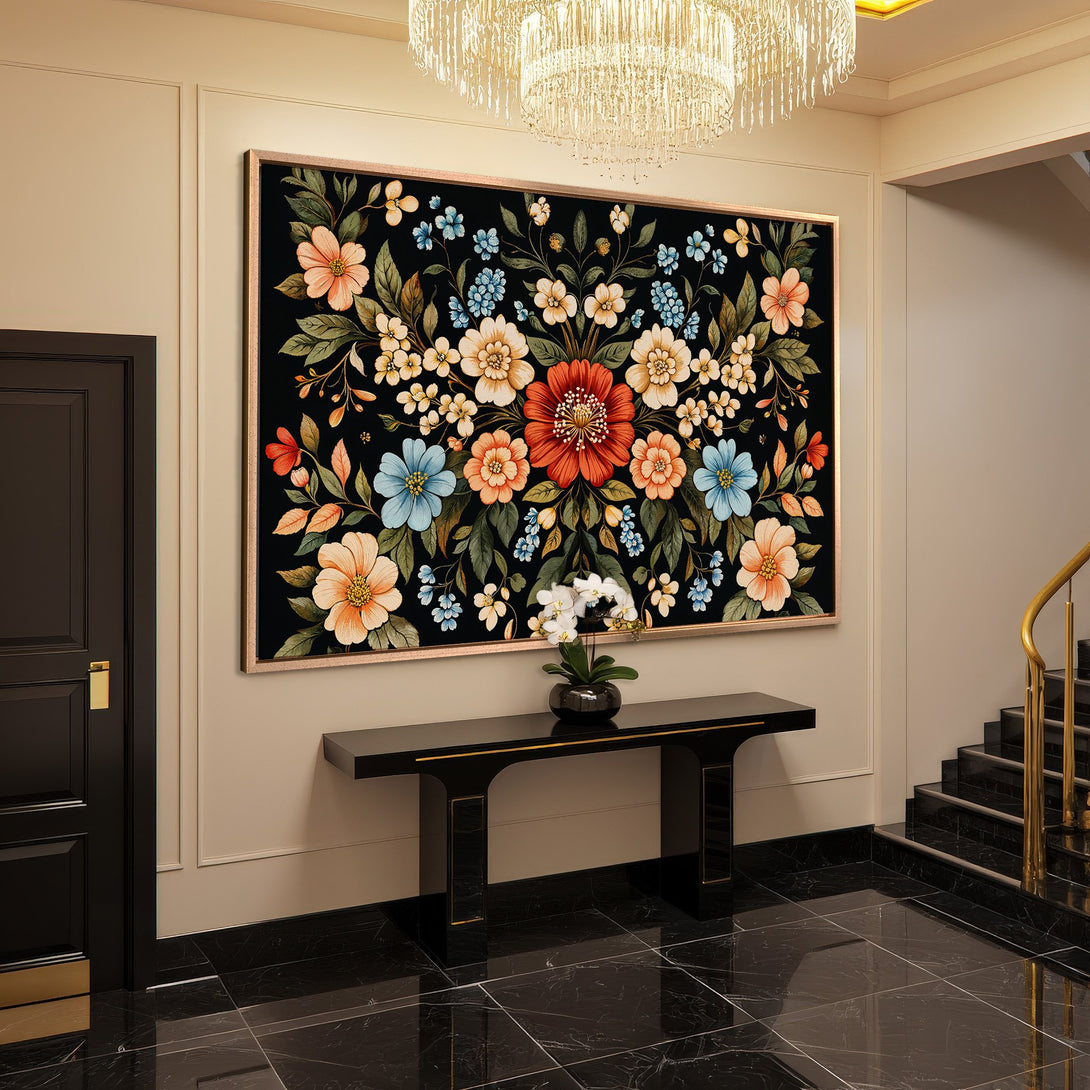 Framed Wall Art: Floral Canvas Print with vibrant blooms in a botanical style. Features a black background with colorful flowers, perfect for home decor.