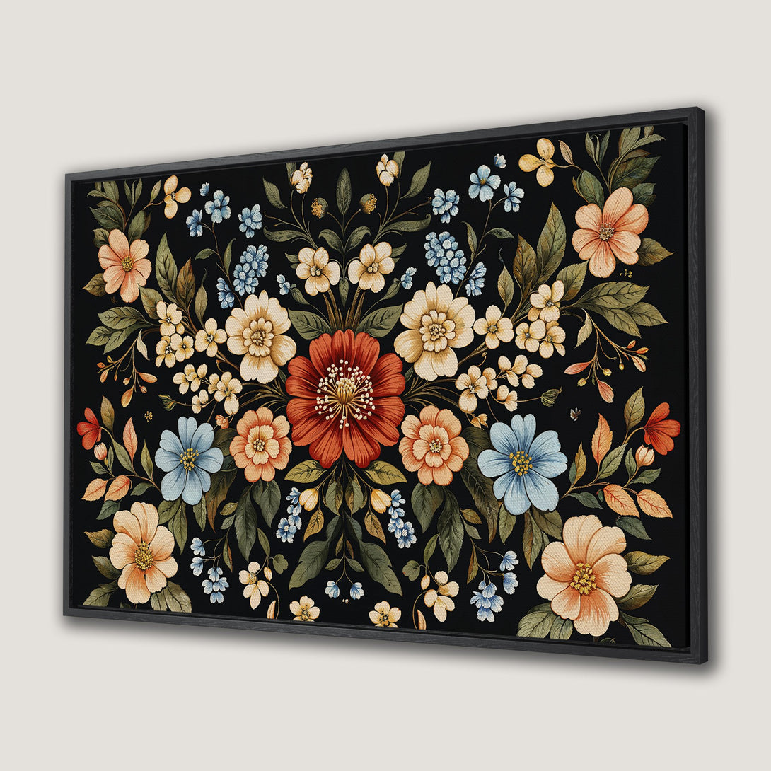 Framed Wall Art: Elegant floral Canvas Print with a vintage watercolor style. Features warm, earthy tones on a black background, perfect for any room.