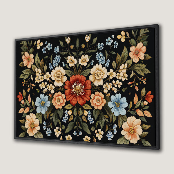 Framed Wall Art: Elegant floral Canvas Print with a vintage watercolor style. Features warm, earthy tones on a black background, perfect for any room.
