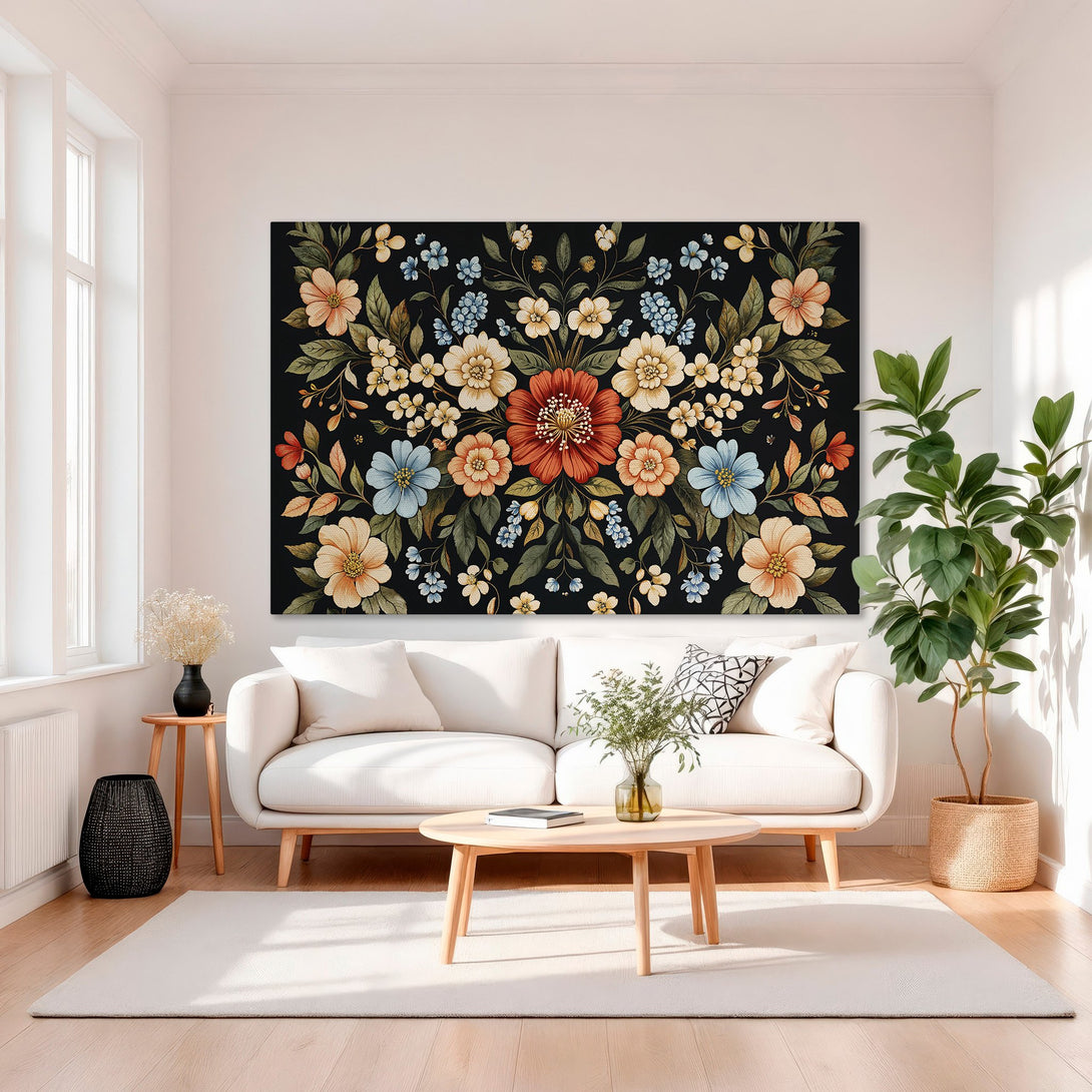 Framed Wall Art: Floral Canvas Print with a black background, featuring colorful flowers in a vibrant, warm color palette. Perfect for living room decor.