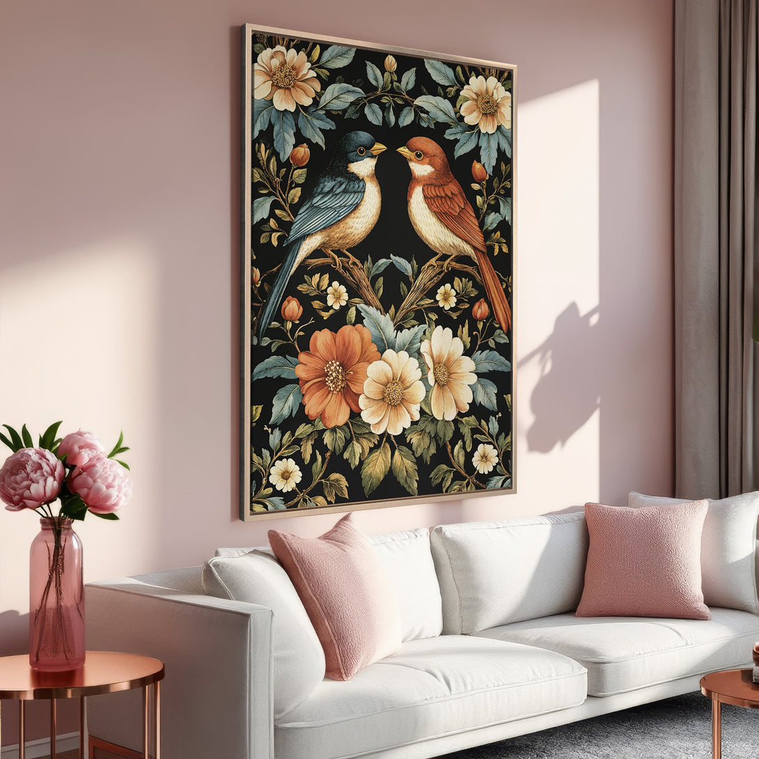 Framed Wall Art featuring birds & floral design. Vintage style with a black background, warm orange, and blue tones. Perfect for living room decor.