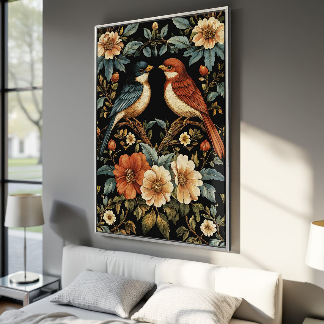 Framed Wall Art featuring birds and flowers in a vintage style. Warm color palette of oranges, blues, and greens on a black background. Perfect for bedroom decor.