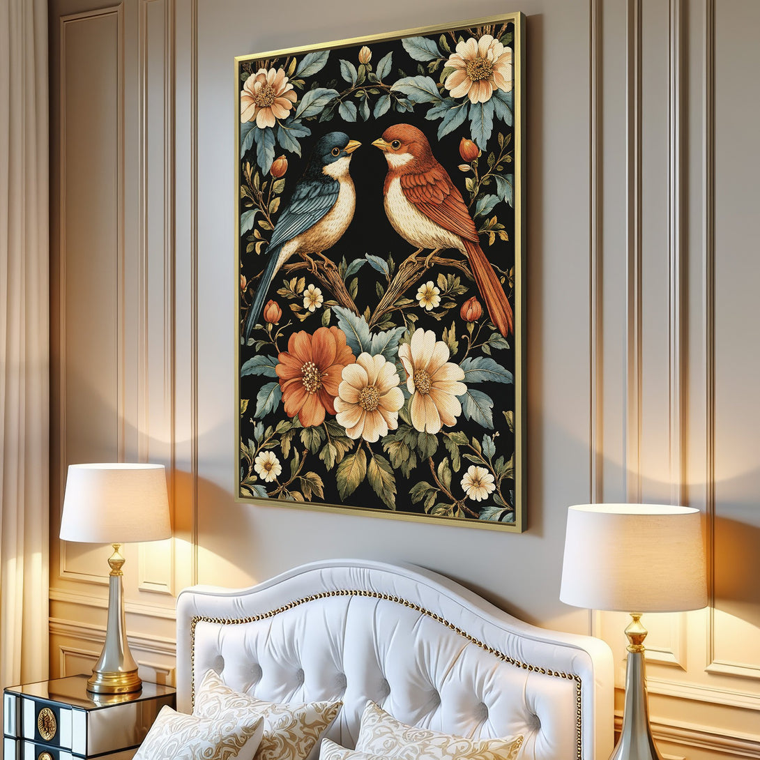 Canvas Print featuring charming birds and floral design in a watercolor style. Warm, earthy tones on a dark background, perfect wall art for any room.