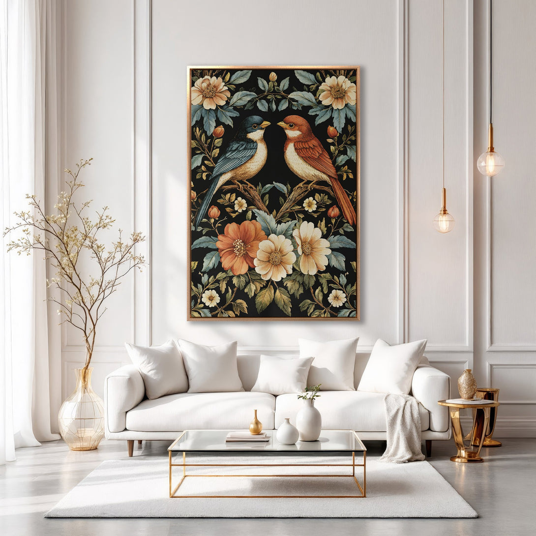 Framed Wall Art featuring birds and floral design in a vintage style with a warm color palette. Perfect for adding elegance to your home decor.
