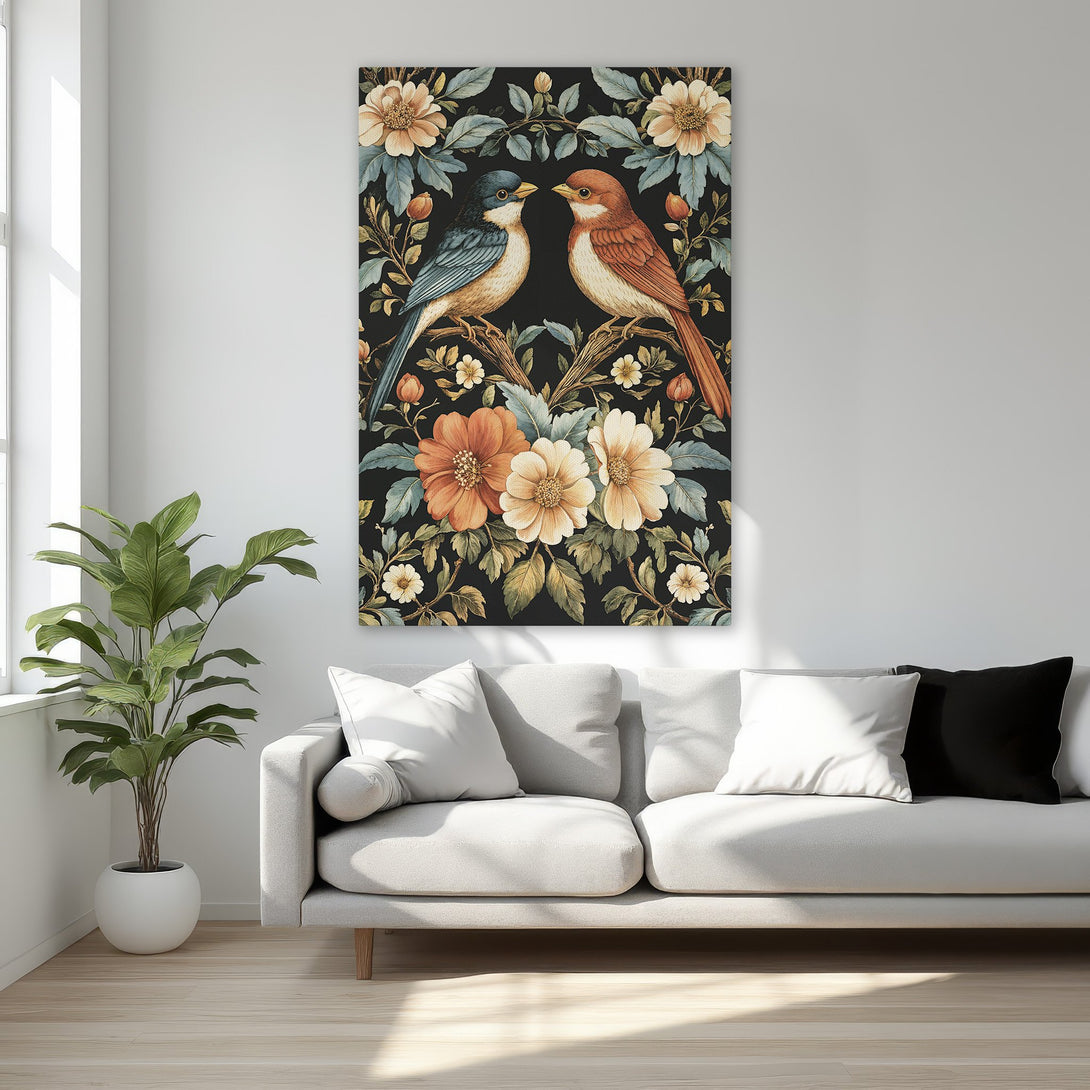 Framed Wall Art featuring birds and flowers in a vintage style, with a black background and warm, earthy tones. Perfect for adding elegance to any space.