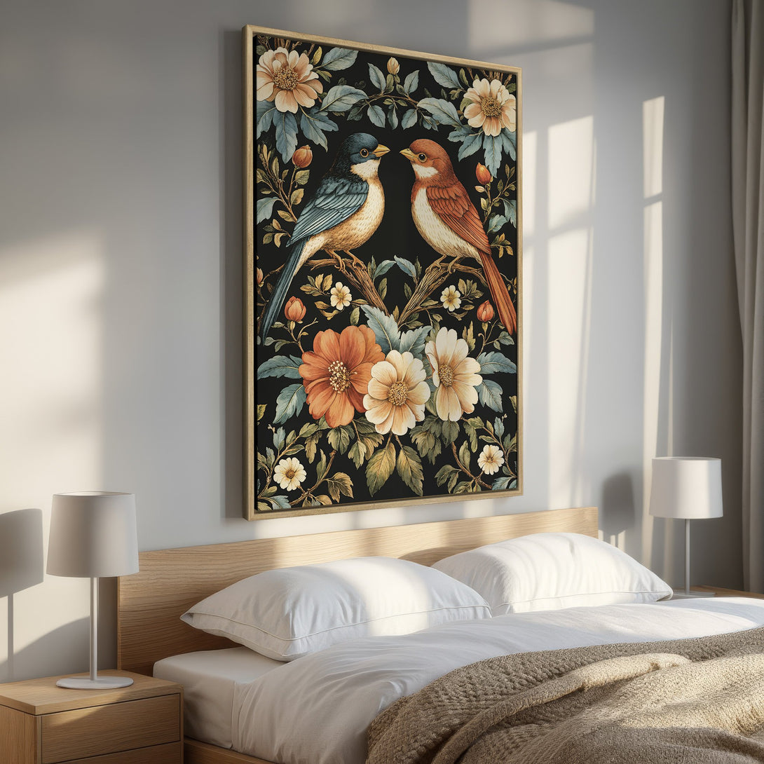 Framed Wall Art: Romantic bird print in a bedroom. Featuring birds, flowers, and a dark background. Warm color palette for a cozy, stylish home.