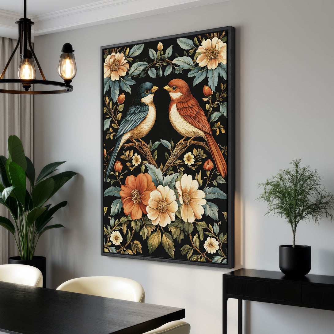 Framed Wall Art: Vintage-style bird and floral print in a black frame. Features a warm, earthy color palette with pops of blue and orange. Perfect for home decor.