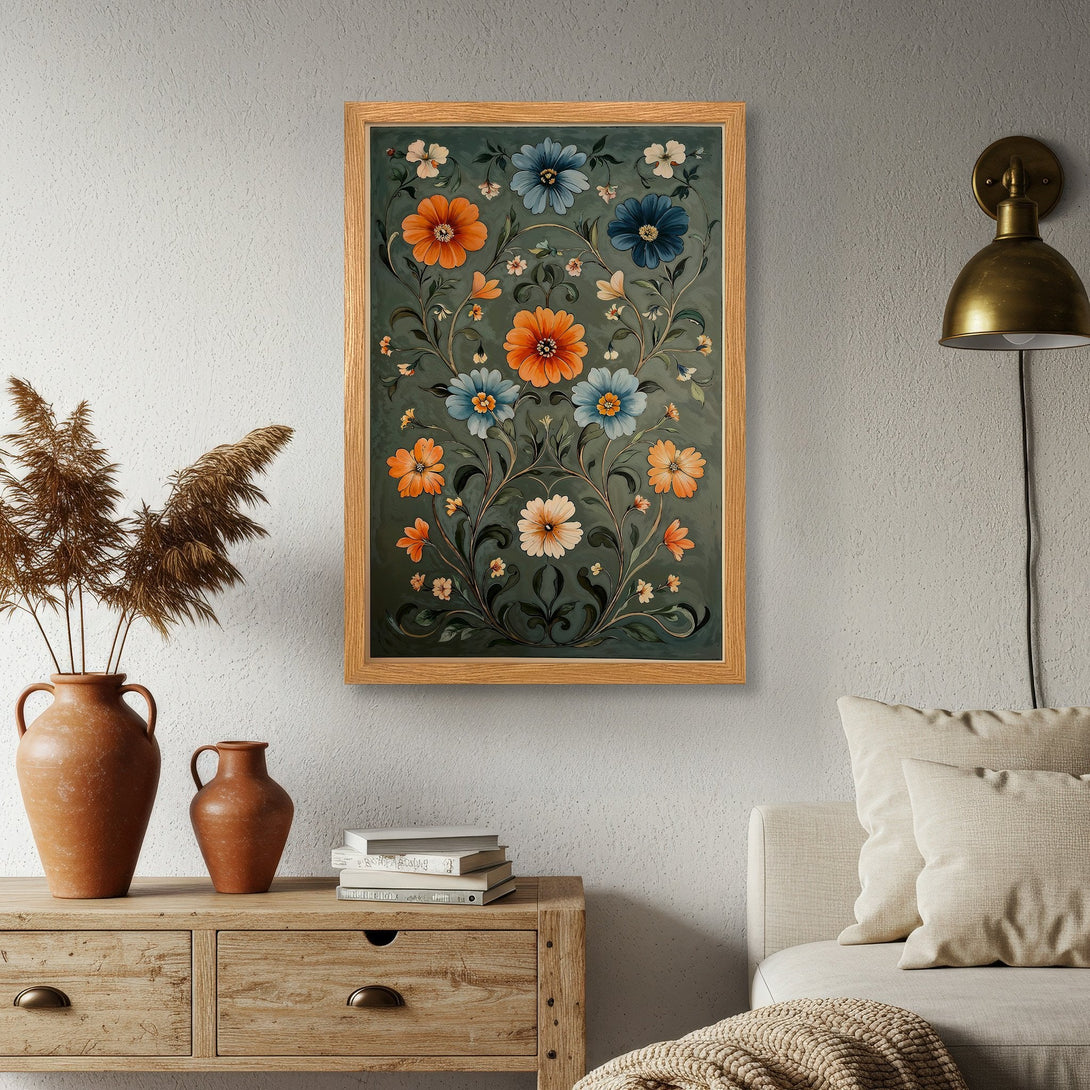 Framed Poster featuring floral art in a vintage style with a teal and orange color palette. Perfect wall decor!