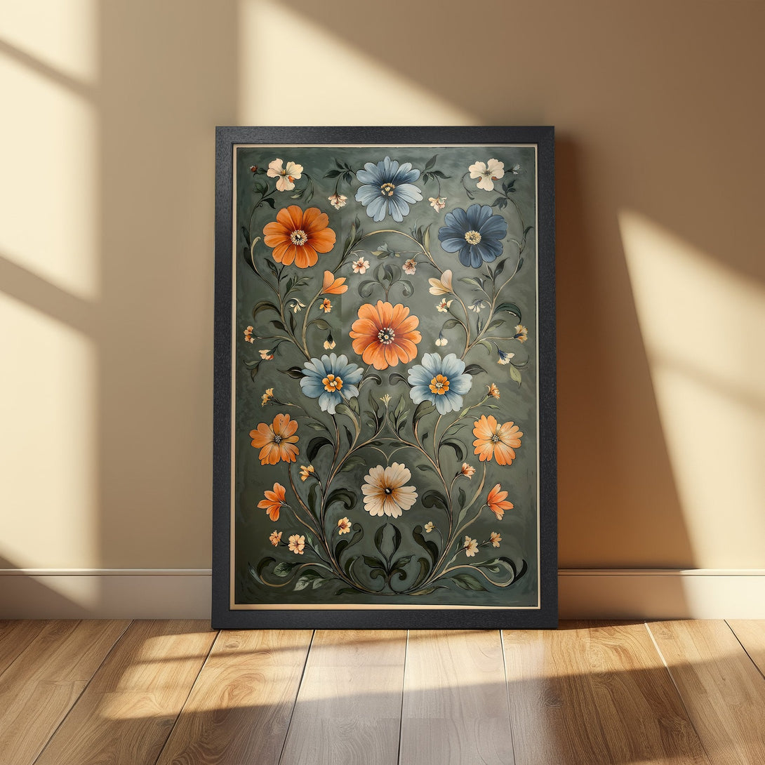 Framed Poster featuring floral art in a vintage style with orange, blue, and green hues. Perfect wall decor!
