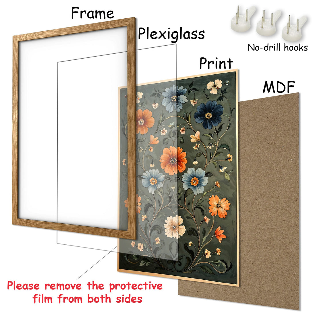 Framed Poster with floral design in a vintage style. Featuring a green and orange color palette. Ready to hang!
